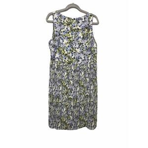 J Jill Blue Green Floral Print Pleated Fully Lined Sleeveless Dress Size Large